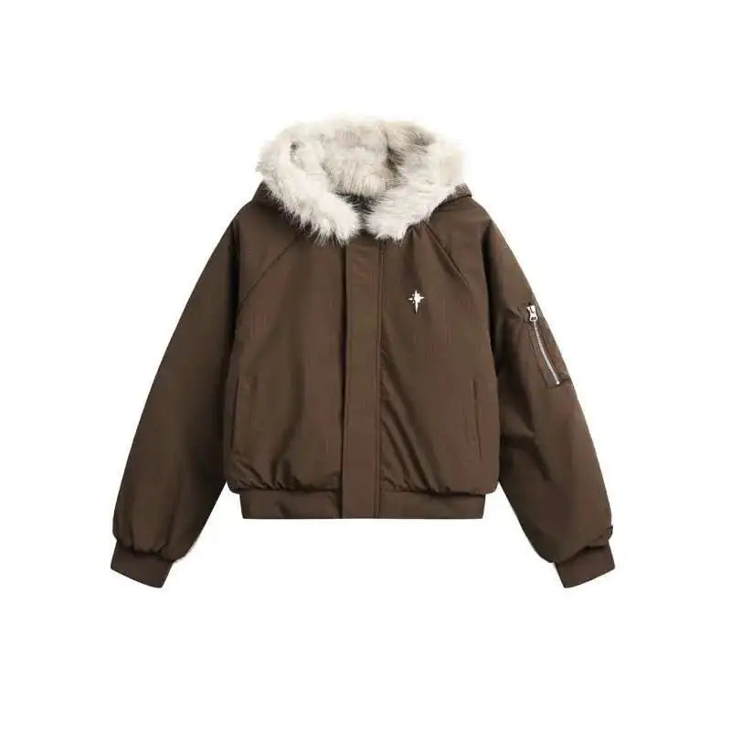 VOIDWEAR VDR_VANISH_05 brown padded fur hooded jacket, oversized unisex winter streetwear system, vanish mode ritual coat, U.S. & EU streetwear trend 2025