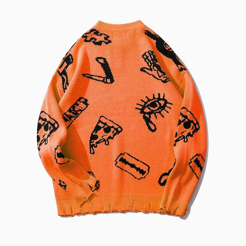 VOIDWEAR oversized ripped punk knit sweater in red-green graffiti design, urban conceptual streetwear for autumn and winter