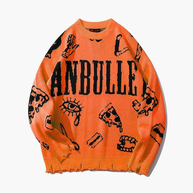 VOIDWEAR oversized ripped punk knit sweater in red-green graffiti design, urban conceptual streetwear for autumn and winter