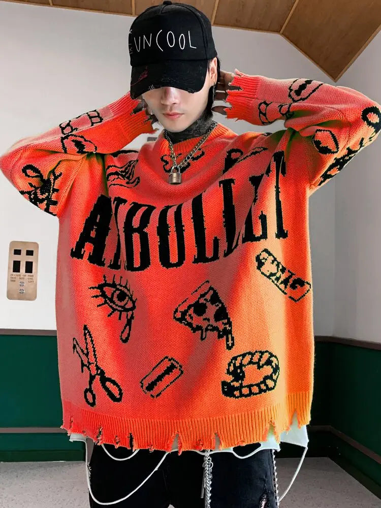 VOIDWEAR oversized ripped punk knit sweater in red-green graffiti design, urban conceptual streetwear for autumn and winter