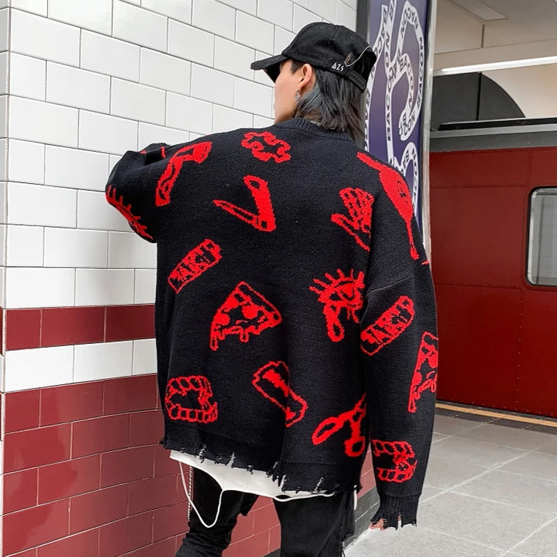 VOIDWEAR oversized ripped punk knit sweater in red-green graffiti design, urban conceptual streetwear for autumn and winter