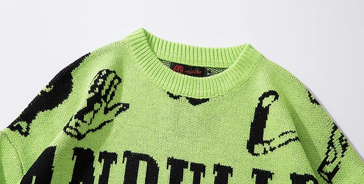 VOIDWEAR oversized ripped punk knit sweater in red-green graffiti design, urban conceptual streetwear for autumn and winter