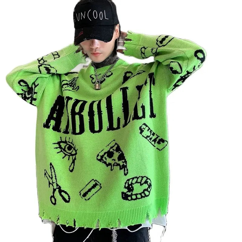 VOIDWEAR oversized ripped punk knit sweater in red-green graffiti design, urban conceptual streetwear for autumn and winter
