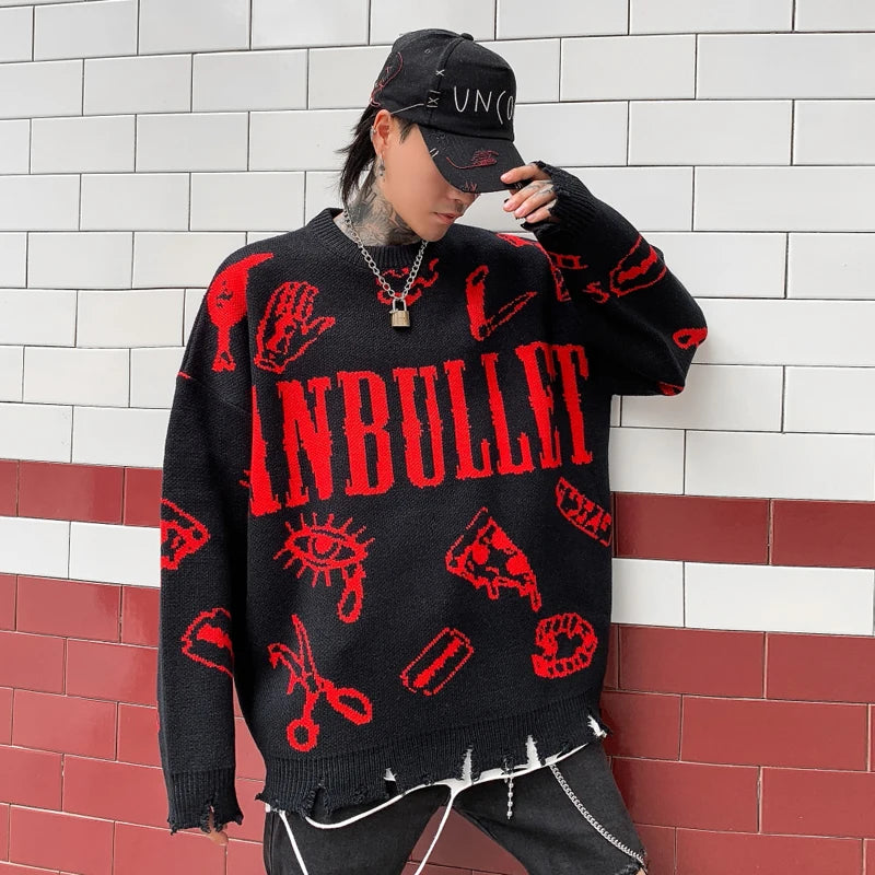 VOIDWEAR oversized ripped punk knit sweater in red-green graffiti design, urban conceptual streetwear for autumn and winter
