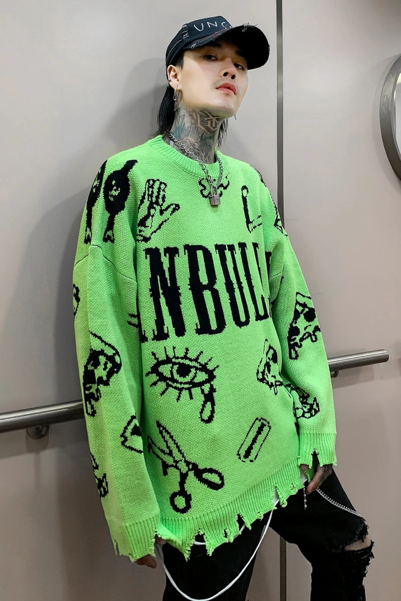 VOIDWEAR oversized ripped punk knit sweater in red-green graffiti design, urban conceptual streetwear for autumn and winter