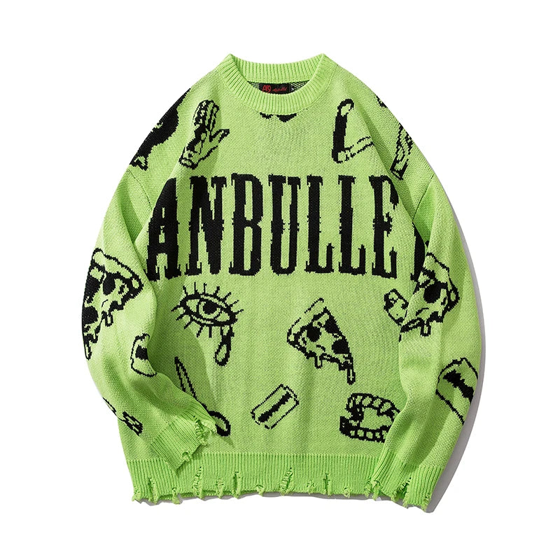 VOIDWEAR oversized ripped punk knit sweater in red-green graffiti design, urban conceptual streetwear for autumn and winter. Green sweater with black graphics and text on a white background