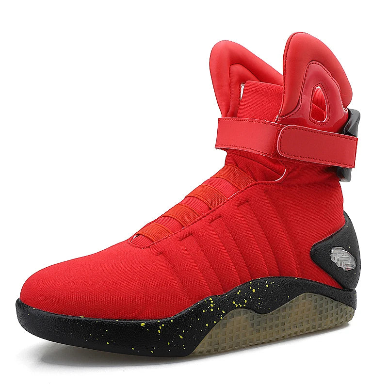 Red high-top sneaker with black sole on a white background