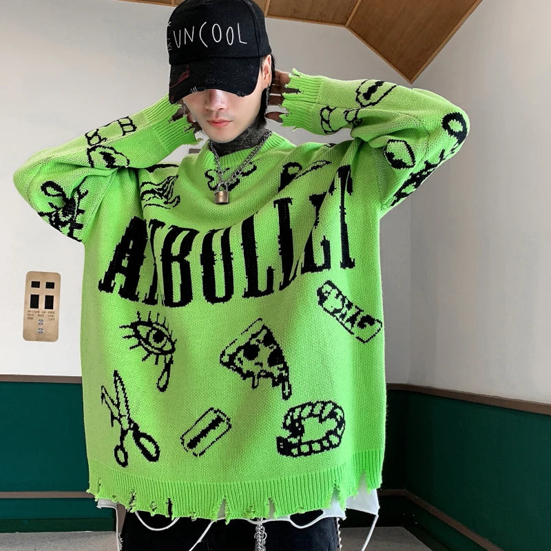 VOIDWEAR oversized ripped punk knit sweater in red-green graffiti design, urban conceptual streetwear for autumn and winter