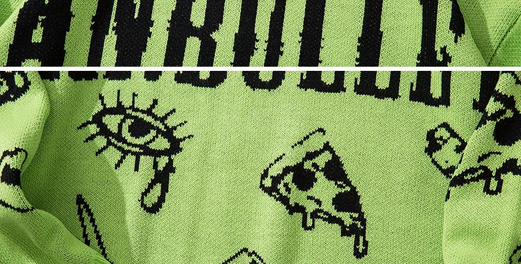 VOIDWEAR oversized ripped punk knit sweater in red-green graffiti design, urban conceptual streetwear for autumn and winter
