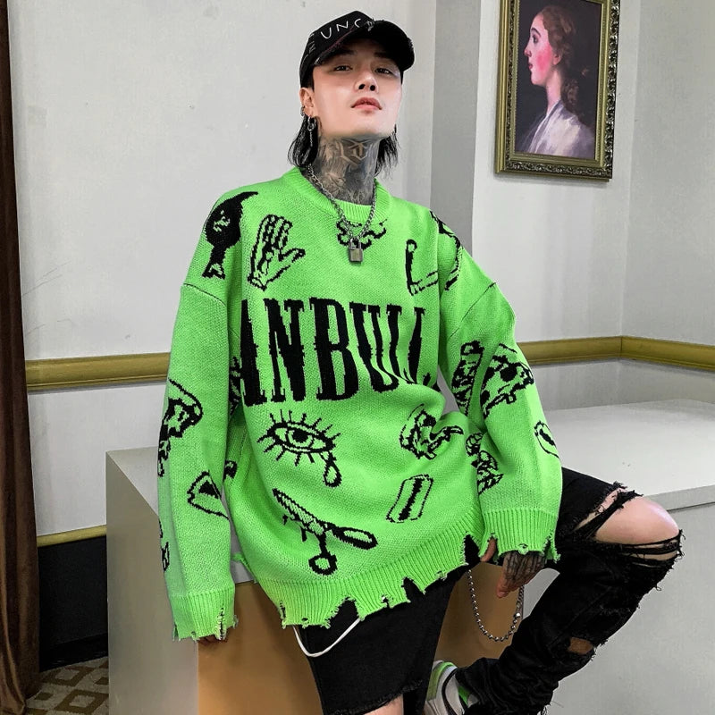 VOIDWEAR oversized ripped punk knit sweater in red-green graffiti design, urban conceptual streetwear for autumn and winter