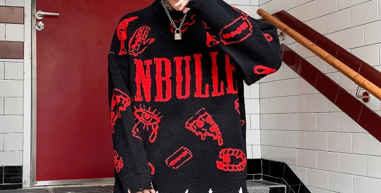 VOIDWEAR oversized ripped punk knit sweater in red-green graffiti design, urban conceptual streetwear for autumn and winter