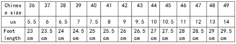 Table showing shoe size conversions with foot length measurements.