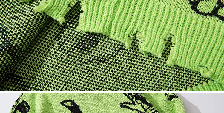 VOIDWEAR oversized ripped punk knit sweater in red-green graffiti design, urban conceptual streetwear for autumn and winter