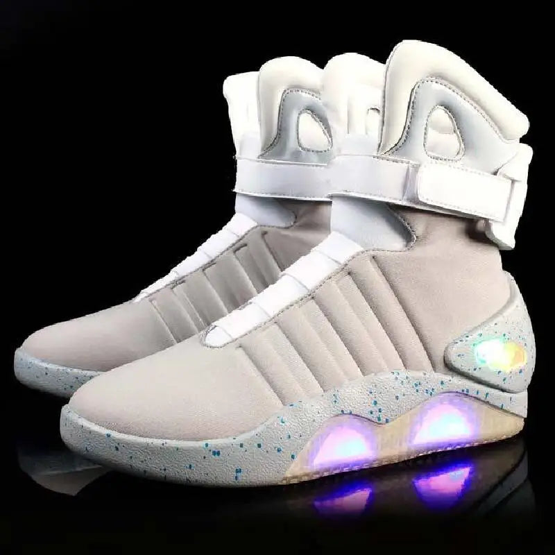 Voidwear GHOSTCORE_8X techwear boots with glowing sole lights on wet, reflective asphalt at night
