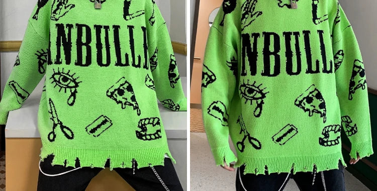 VOIDWEAR oversized ripped punk knit sweater in red-green graffiti design, urban conceptual streetwear for autumn and winter