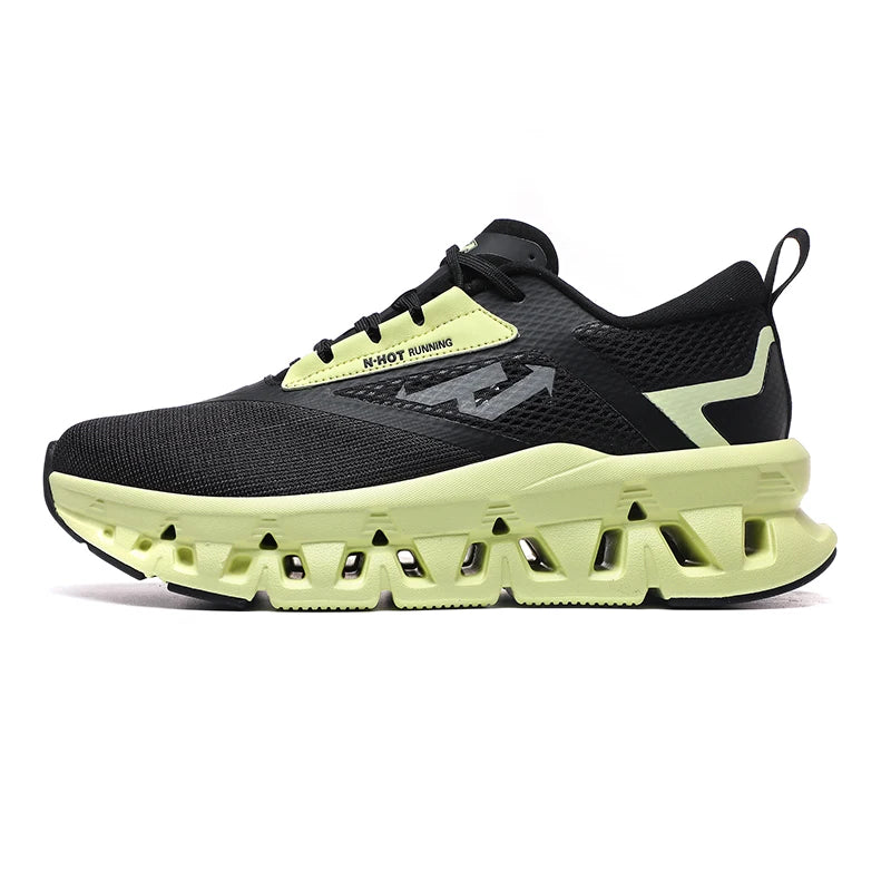 VOIDWEAR MOTION_SIGNAL_362 ☰ running shoes styled with wide-leg cargos in Berlin alley; geometric mesh upper and low-ankle silhouette visible.