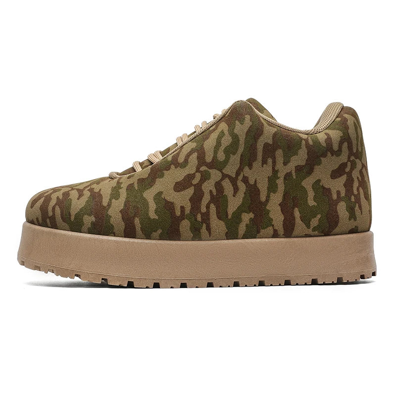 Men’s VOIDWEAR VDR_VANISH_02 shadow winter boots with platform sole, microfiber leather, and ritual-inspired design, styled for urban streetwear. Camouflage-patterned sneaker with a beige sole on a white background