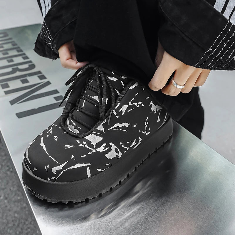 Men’s VOIDWEAR VDR_VANISH_02 shadow winter boots with platform sole, microfiber leather, and ritual-inspired design, styled for urban streetwear