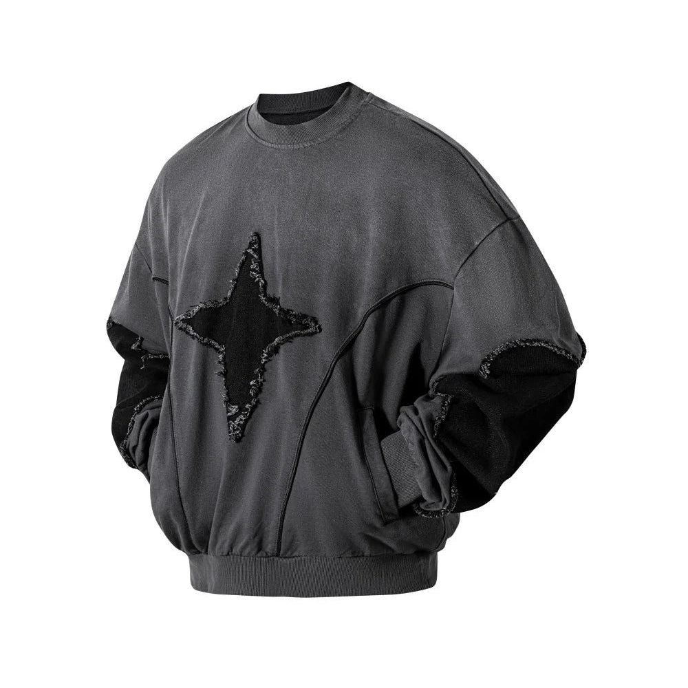VOIDWEAR SIGNAL_BURR_07 ☰ long sleeve worn in Berlin underpass; star patchwork visible across chest, matte lighting accentuating texture