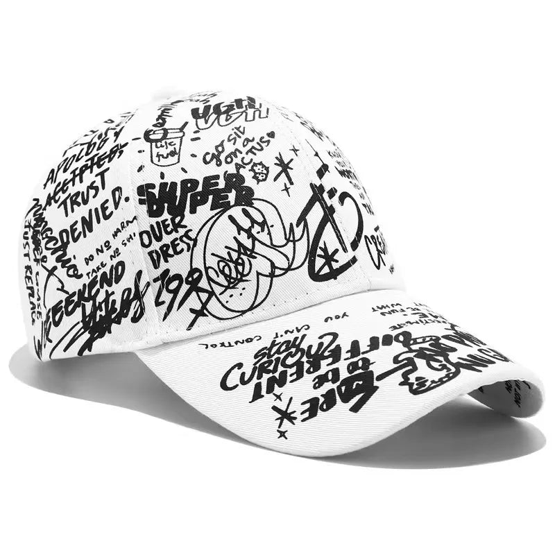 VOIDWEAR SIGNAL_VANISH_05 graffiti print cotton baseball cap with adjustable strap, designed for urban summer shadow-motion style. White cap with black graffiti-style text and designs on a white background
