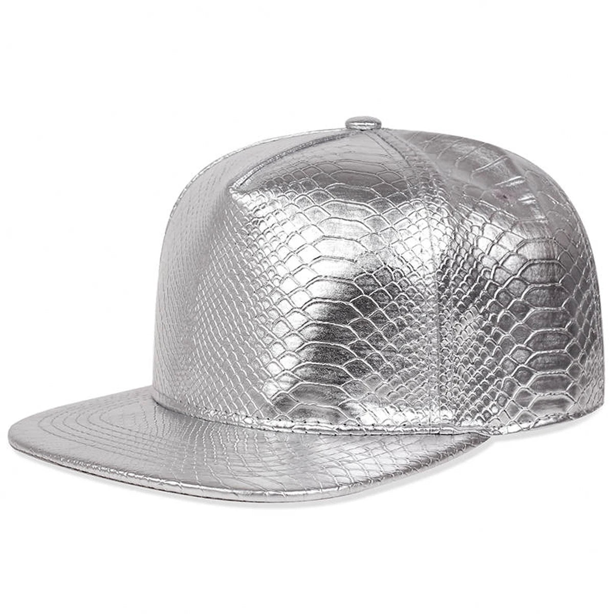 VOIDWEAR VDR_SIGNAL_CAP ☰ python-pattern leather hip-hop cap with adjustable strap and minimalist techwear aesthetic. Silver snake skin patterned cap on a white background