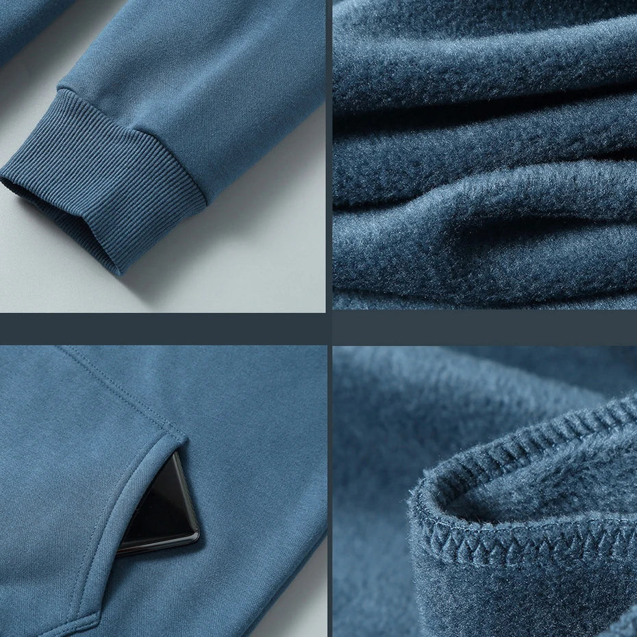 Collage of blue fabric details including texture, stitching, and color swatch.OIDWEAR SHADOW_SYSTEM_07 ☰ full-zip hoodie shown worn in a concrete alleyway in winter, highlighting the oversized fit and fleece material.