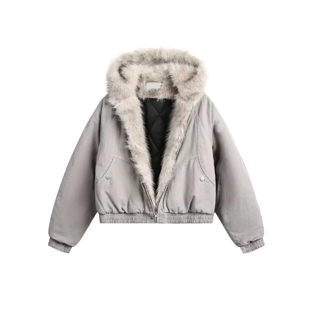 VOIDWEAR™ VDR_25 — a unisex oversized plush hooded jacket. Gray jacket with fur hood on a white background
