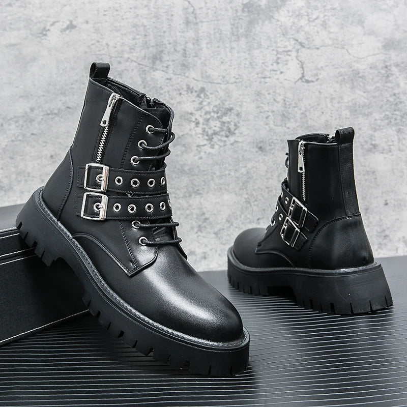 Black leather boots with buckles and zippers on a textured surface. VOIDWEAR SIGNAL_VANISH_07 ☰ Shadow Strider Boots, split leather with EVA sole, winter streetwear for men