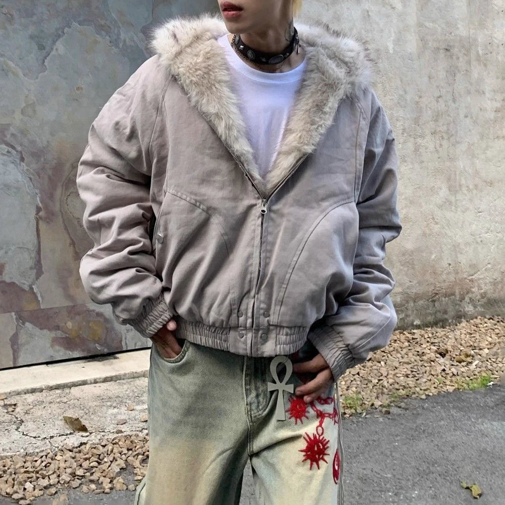 VOIDWEAR VDR_25 oversized plush Y2K winter jacket with hood, unisex streetwear 2025 style