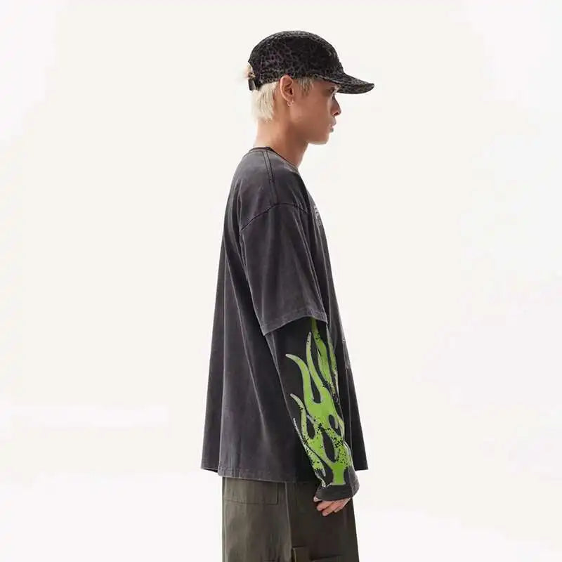 VOIDWEAR VDR_SIGNAL_28W5039 ☰ washed long sleeve, fake two-piece layered shirt, ritual-coded glyph design