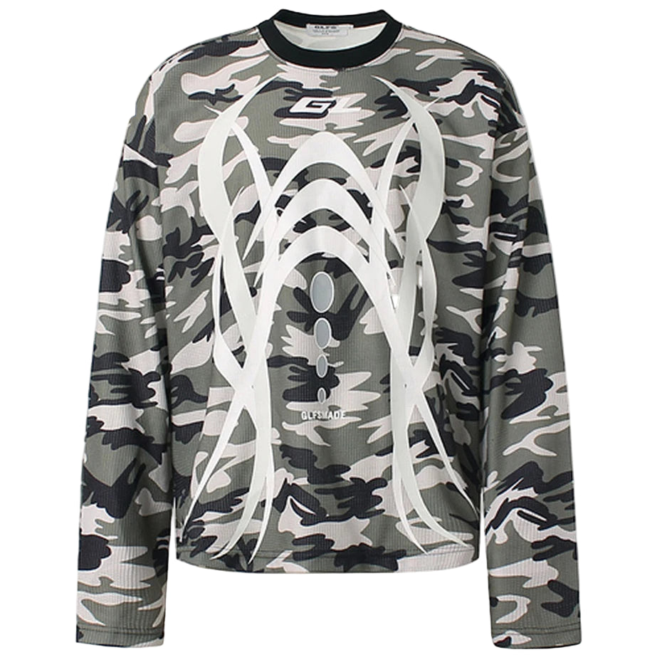 VOIDWEAR oversized camo tee with glyph and vanish-mode hood, 100% cotton, streetwear long sleeve