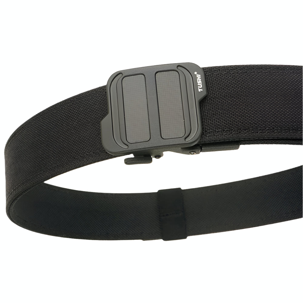 Black belt with a buckle on a white background,Sleek tactical nylon belt with signal glyph automatic buckle and vanish-mode design for minimalist utility