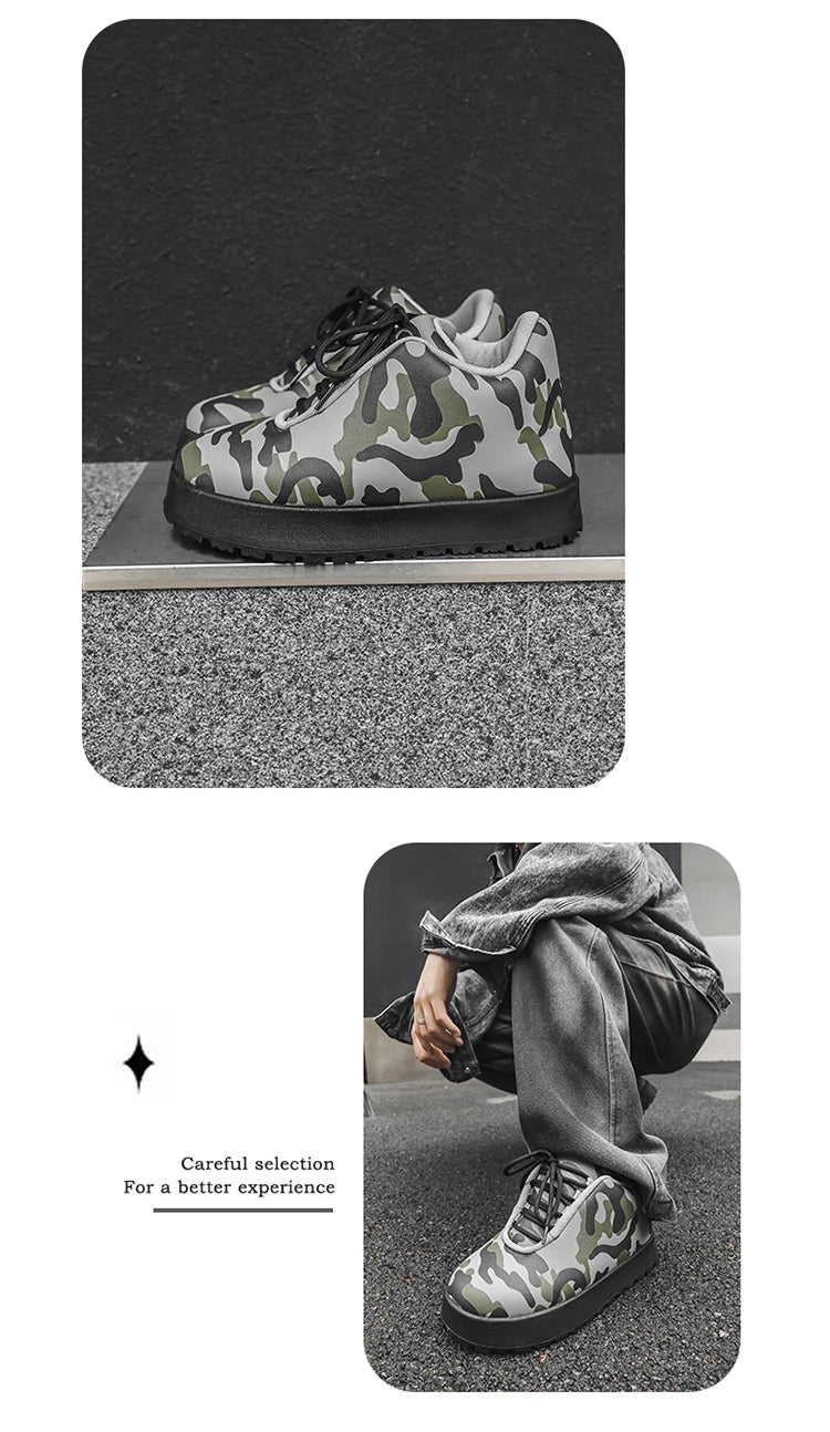VOIDWEAR CODE_SYSTEM_07 ⚔️ chunky sneaker-style boots shown on a city street in winter, highlighting the microfiber leather upper and thick platform sole.