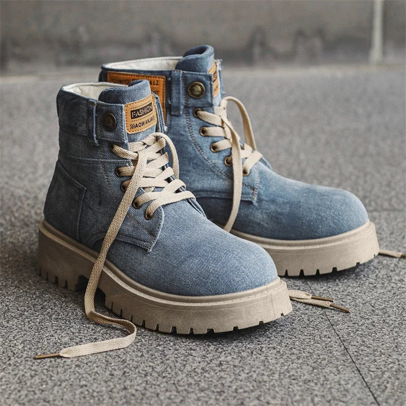 VOIDWEAR SIGNAL_VANISH_12 ☰ handmade men’s denim ankle boots with lace-up closure, pigskin insole, and shadow-coded streetwear design