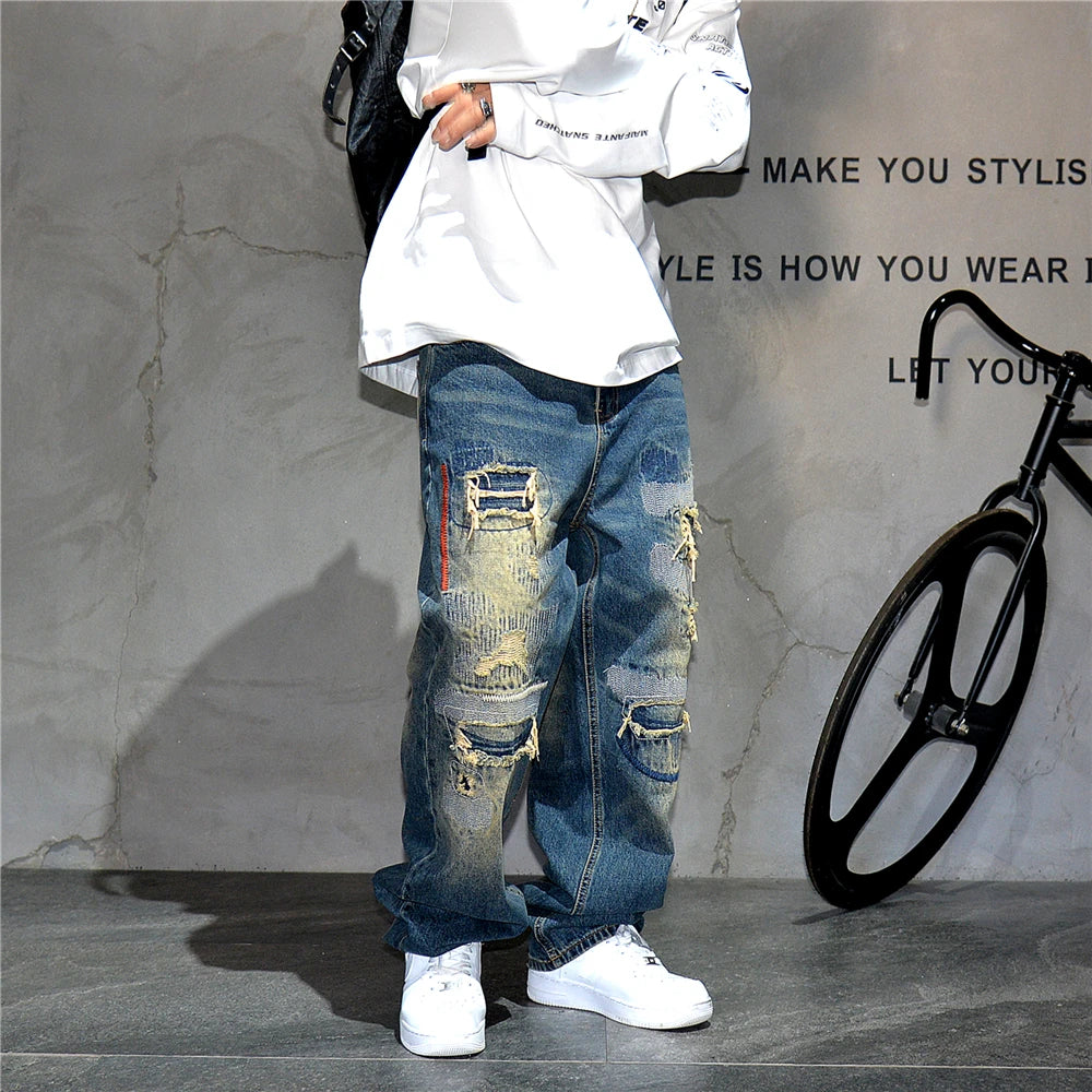 VOIDWEAR VDR_VANISH_05 ☰ baggy ripped patch jeans with distress wash, hip hop fit, ritual-coded glyph embroidery