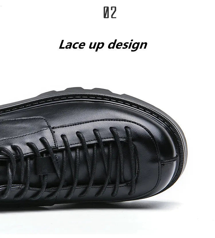 VOIDWEAR SIGNAL_VANISH_11 ☰ split leather platform streetwear shoes with lace-up closure and shadow-coded design, optimized for spring and autumn. Black lace-up sneaker on a white background with 'Lace up design' text.