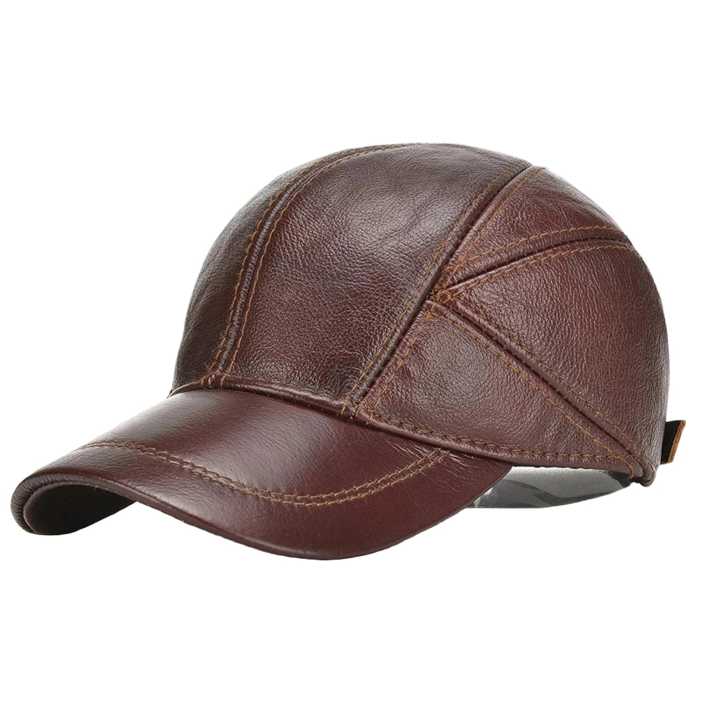 VOIDWEAR SIGNAL_VANISH_07 real cowhide leather earflap cap with adjustable visor, designed as ritual-inspired streetwear for urban shadow gear. Brown leather cap on a white background with 'CY-Fur' branding.