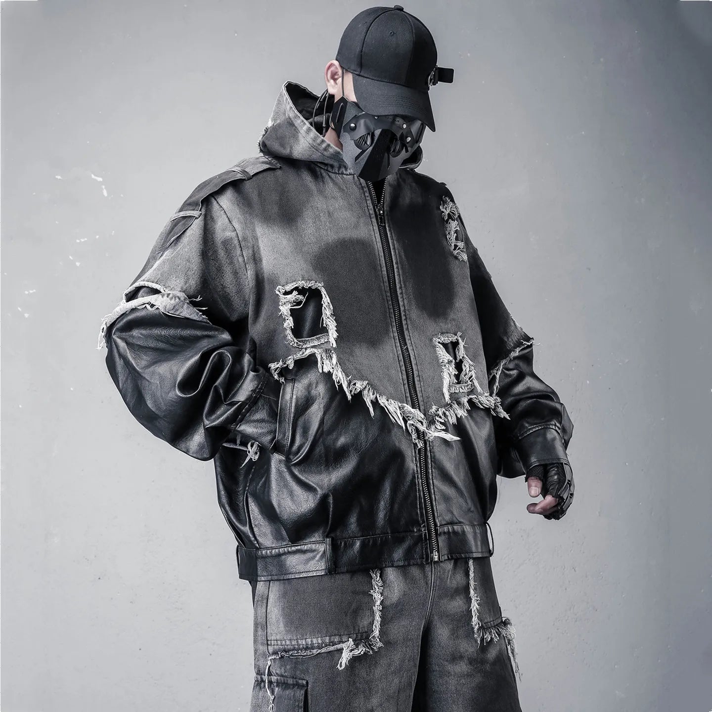 VOIDWEAR VDR_VANISH_05 jacket — ritual-inspired denim and PU leather techwear with vanish-mode hood and shadow-motion design