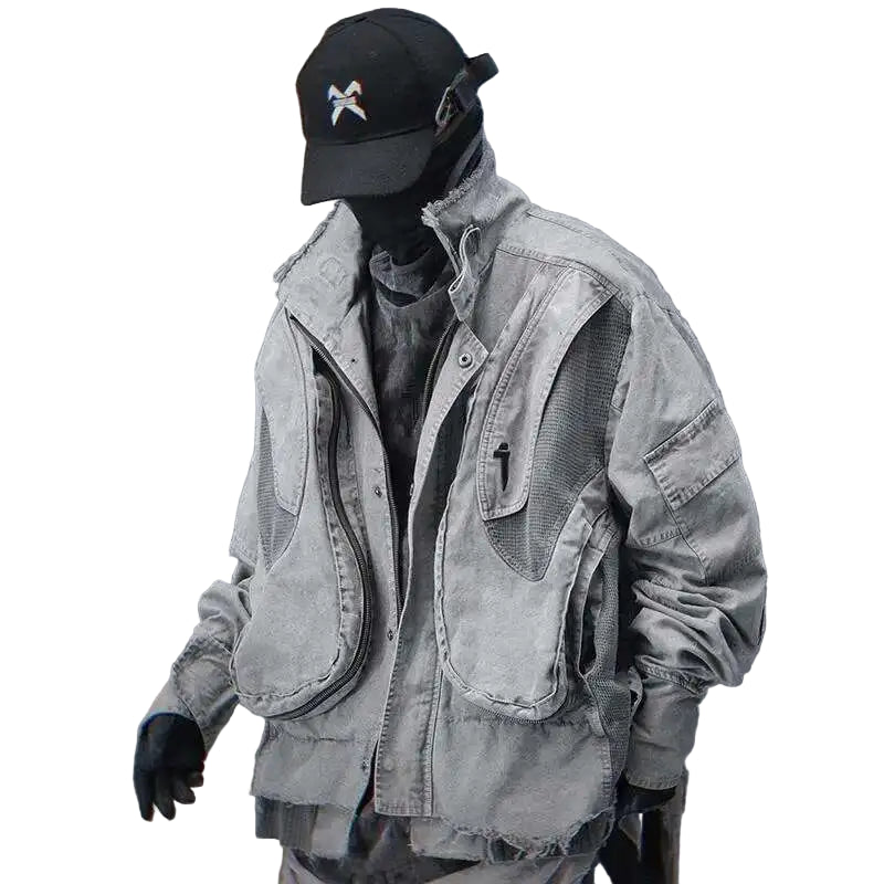 VOIDWEAR VDR_SHDW_07 washed flight jacket in dark punk style with ritual-inspired glyph details for spring/autumn streetwear. Person wearing a gray jacket and black cap with HKSH logo on a gray background