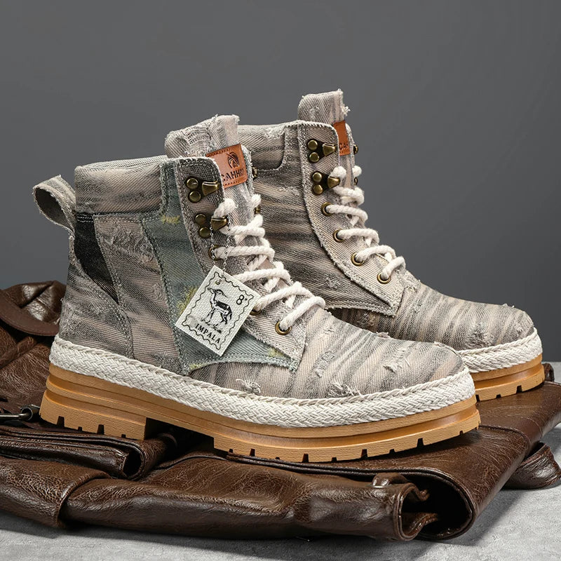 VOIDWEAR SIGNAL_VANISH_07 ☰ men’s black denim and leather ankle boots with lace-up closure, ankle strap, and ritual-inspired streetwear design