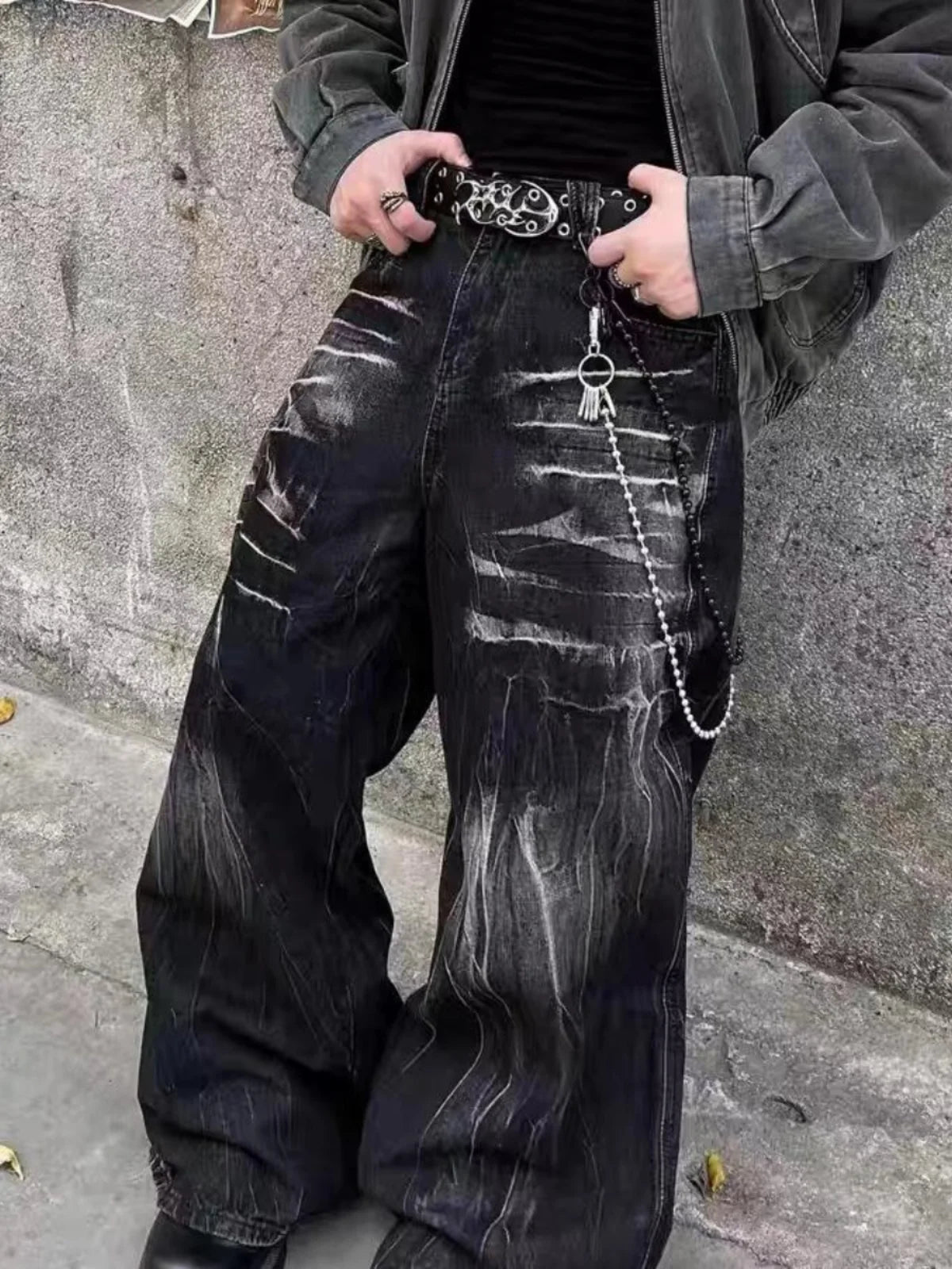 VOIDWEAR SIGNAL_STORM_11 ☰ black lightning jeans shown in Los Angeles alleyway — washed denim texture and storm pattern visible under sunlight.