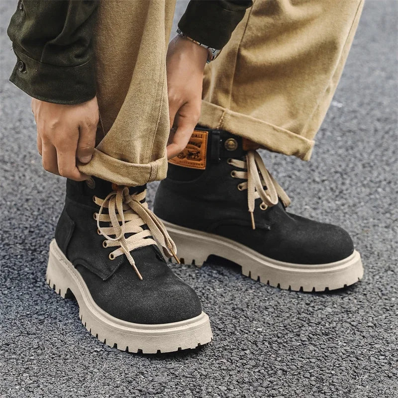 VOIDWEAR SIGNAL_VANISH_12 ☰ handmade men’s denim ankle boots with lace-up closure, pigskin insole, and shadow-coded streetwear design