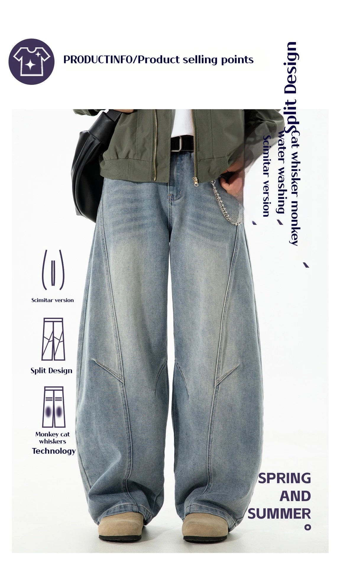 VOIDWEAR VDR_VANISH_SPLIT ☰ curved split distressed jeans, light wash, loose streetwear silhouette, coded glyph tab