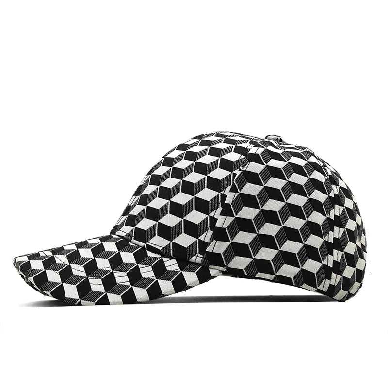 VOIDWEAR SIGNAL_CAP_11 ☰ washed cotton streetwear baseball cap with embroidered glyph and adjustable strap, unisex ritual-inspired headwear. Black and white checkered cap on a white background