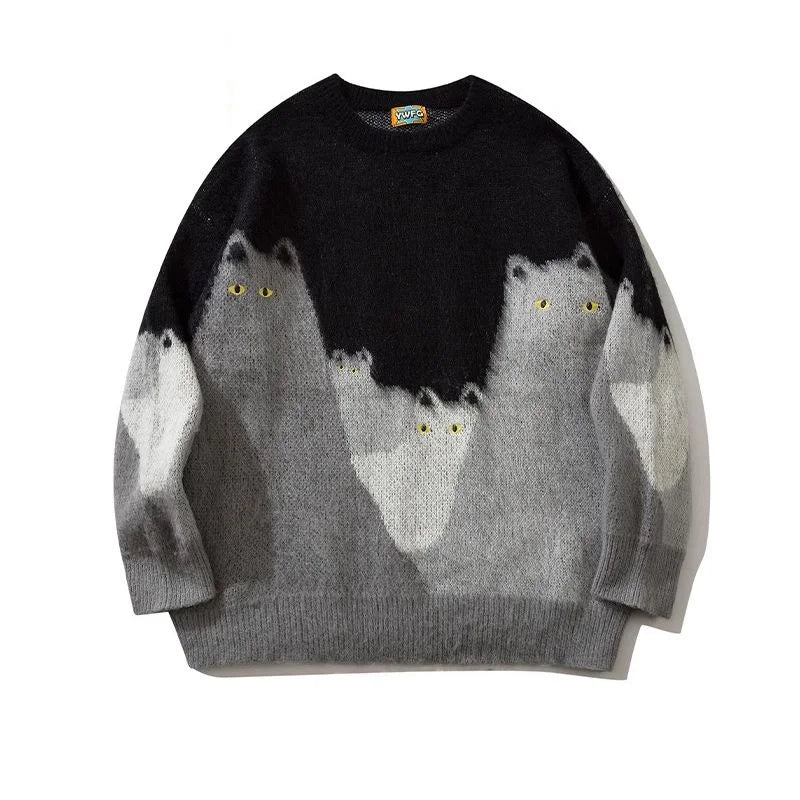 VOIDWEAR SHADOW_CAT_09 oversized knit sweater with cartoon cat graphic and glyph sleeve, streetwear pullover