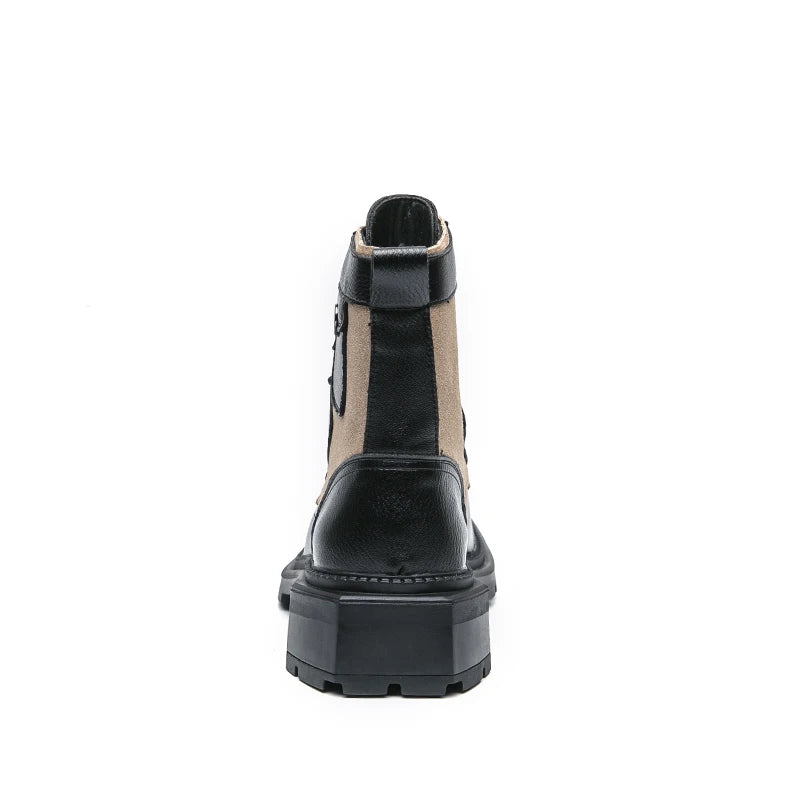 VDR_VANISH_05 punk motorcycle mid-calf boots in brown-black PU leather, styled for U.S. and EU urban streetwear. Black and beige boot on a white background