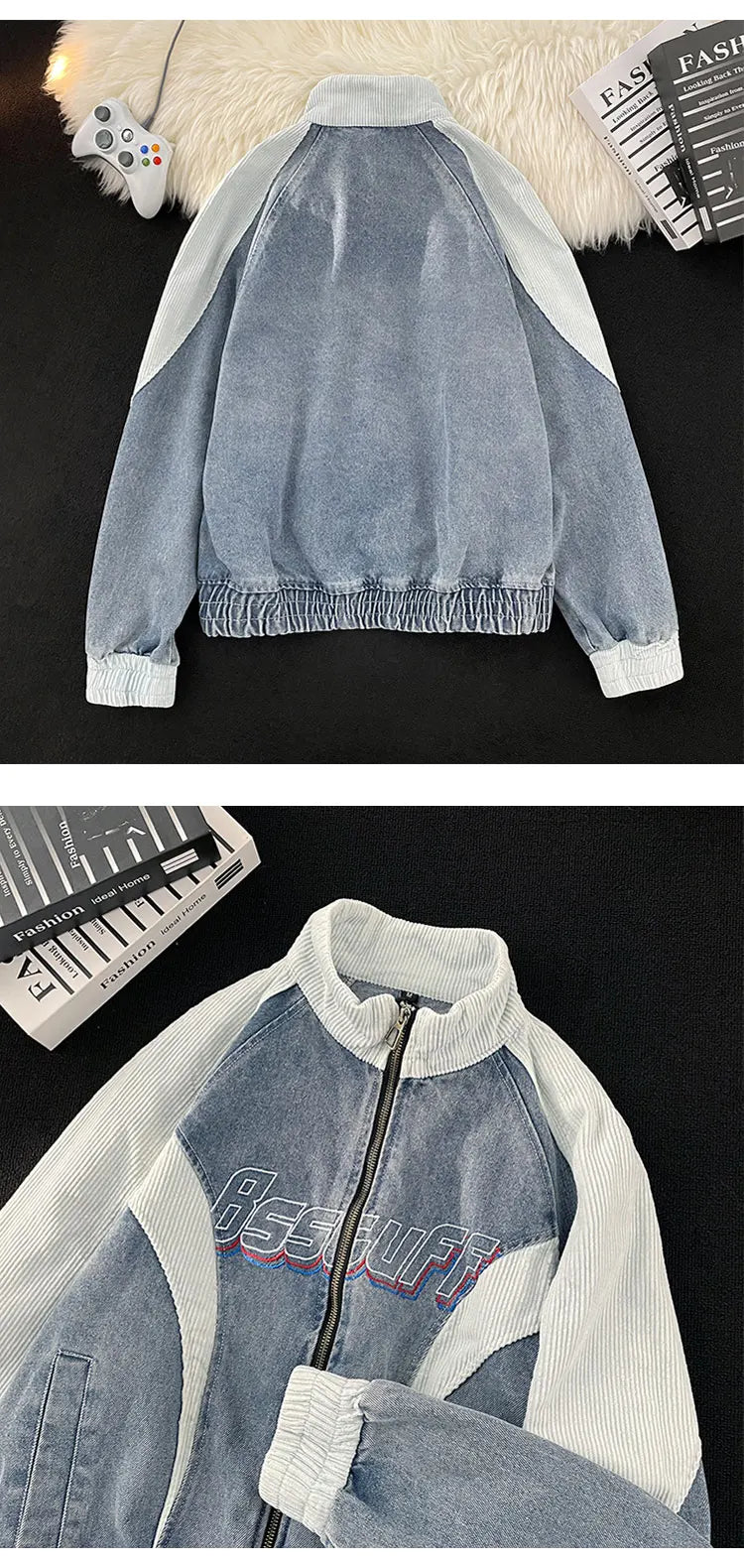VOIDWEAR VDR_VANISH_PATCH ⚑ patchwork denim bomber jacket with glyph embroidery, worn-out texture, streetwear outerwear