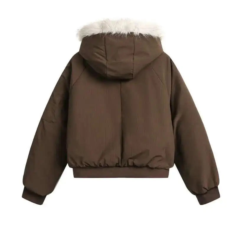 VOIDWEAR VDR_VANISH_05 brown padded fur hooded jacket, oversized unisex winter streetwear system, vanish mode ritual coat, U.S. & EU streetwear trend 2025. Brown jacket with white fur hood on a white background