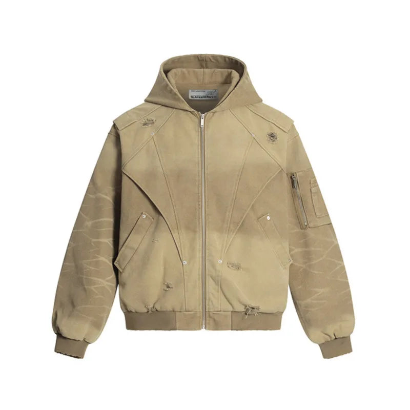 VOIDWEAR VDR_SIGNAL_07 ritual-coded autumn men’s jacket with washed worn-out finish, deconstruction holes, and sleeve glyph