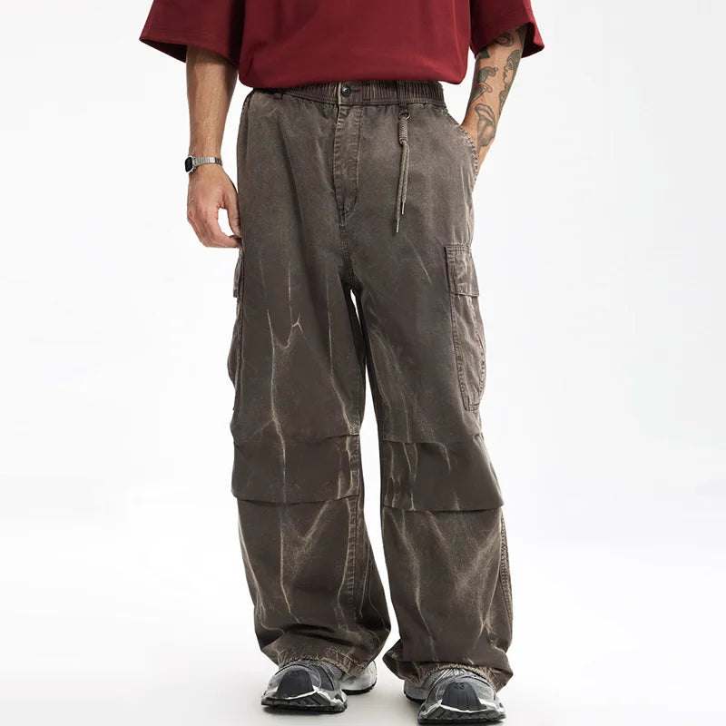 VOIDWEAR SIGNAL_SHIFT_09 ☰ loose cargo pants styled in Tokyo side street, pleated cotton texture and dirty-fit detailing visible